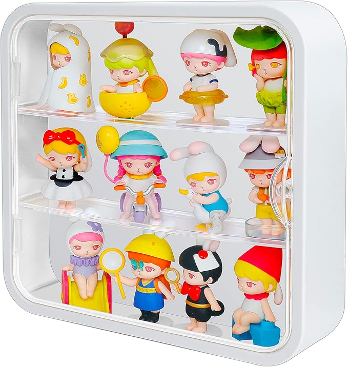 Display Case for Figures, 3 Tiers Clear Wall-Mounted Doll Storage Box, Acrylic Dustproof Action Figure Display Case with Magnetic Door Fit for Collectibles Mini Toys Lego Pop Mart, White