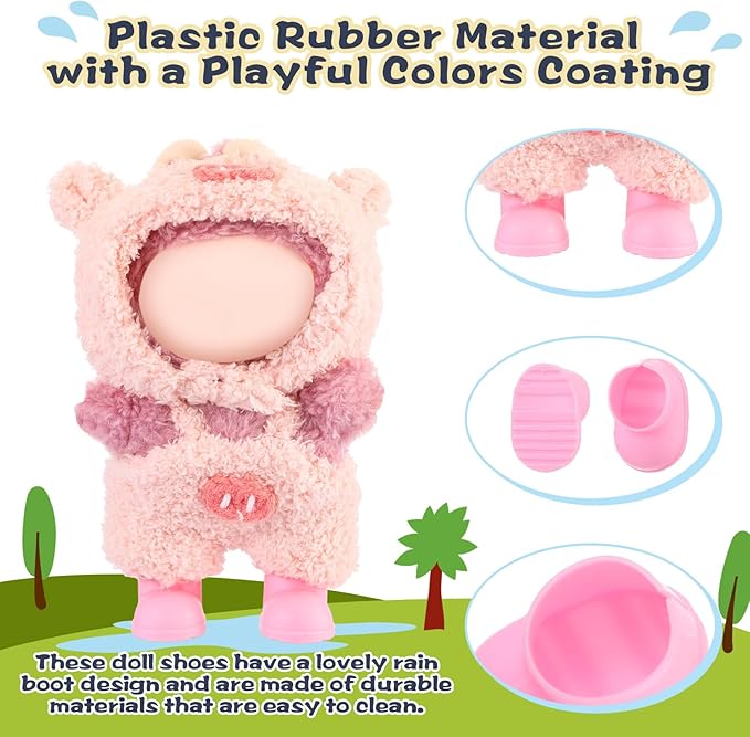 3 Pairs Cute Doll Shoes for 17cm Dolls Mini Rain Boots Fit Perfectly on 15cm/17cm Standing Sitting Series Multi Color Plastic Boots Cute Clothes Accessories (Pink Blue Orange)