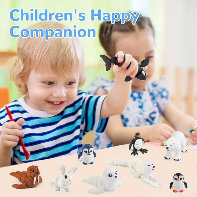 14PCS 3D Printed Arctic Animals Figurines Toys, Realistic Polar Animal Articulated Bath Toys with Polar Bear Fox Penguin Orca Cake Toppers Christmas Birthday Toy Gift for Toddlers Kids