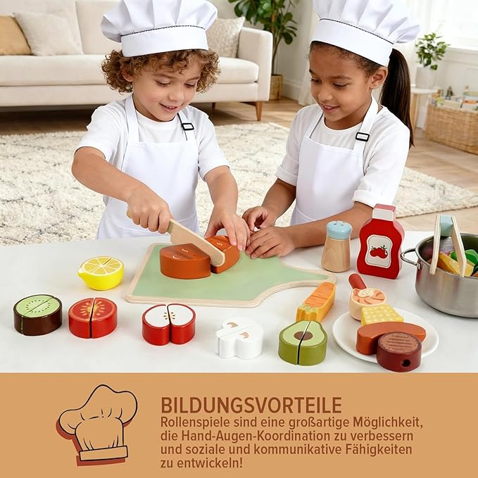 Wooden Play Food Set for Toddlers,Cutting Food for Preschool Activities, Pretend Play Kitchen Accessories for Kids, Fake Food Kitchen Toys for Boys & Girls