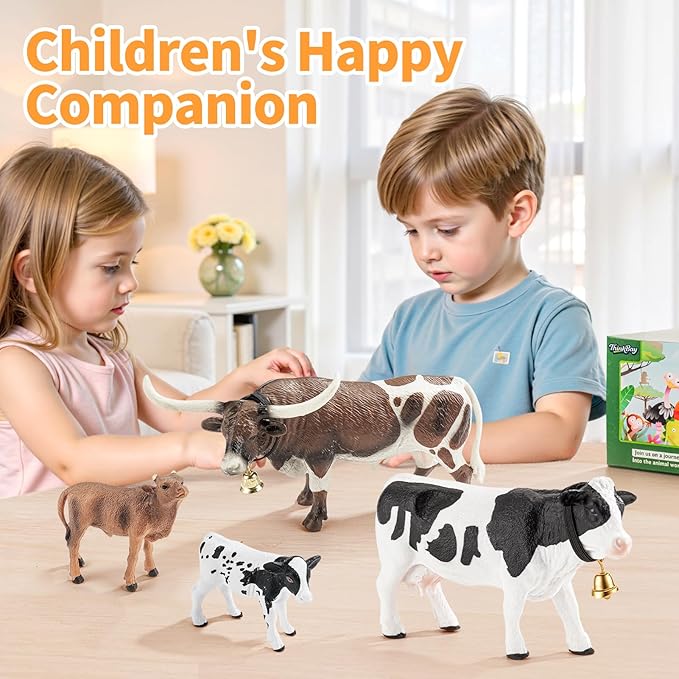4PCS Cows Bulls Longhorn Farm Animal Figurines Toys for Kids, Plastic Cow Farm Animals Figures for Boys Girls Include White Holstein & Texas Longhorn and 2 Calfs, Cake Toppers Party Favors