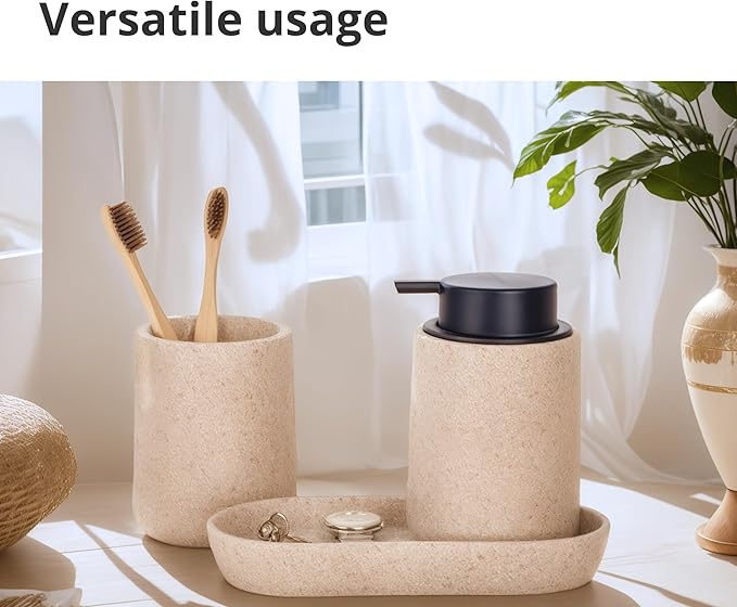 Clasin Home Beige Bathroom Accessories Set, 3 Pcs Resin Bathroom Accessories Complete Set, Sandstone Look Soap Dispenser with Large Pump, Toothbrush Cup, Soap Dish for Modern Home Decor and Kitchen
