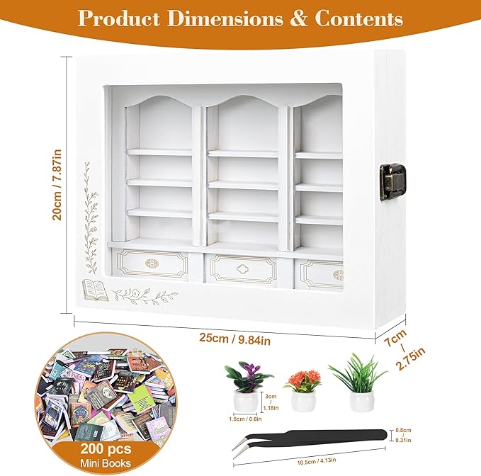 Anxiety Bookshelf with 200 Mini Books, Mini Library Decor, Shake Away Your Anxiety, Includes 1 Bookshelf, 3 Plant Flowers, and 1 Tweezers, Perfect for Book Lovers, Students, Family, and Friends