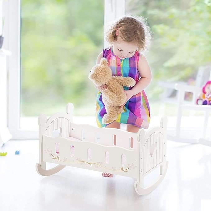 ROBOTIME Wooden Play Doll Cradle Rocking Baby Doll Crib, Reversible Doll Bedding for Toddler Girl,Fits Dolls Up to 20 Inches (White)