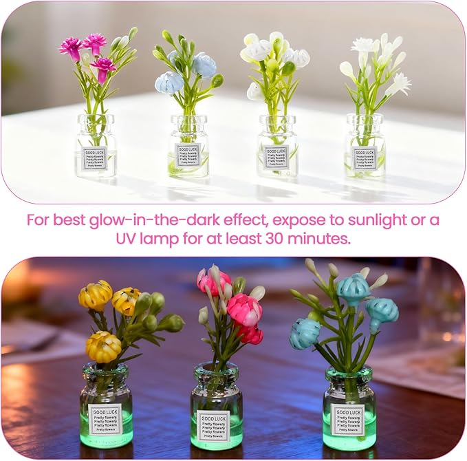 10 Pcs Dollhouse Miniatures Flowers Plants, 1:12 Tiny Small Glow in The Dark Glass Vase Flowers Plant House Decor, Faux Flower Model Miniature Dollhouse Accessories for Tiny Houses