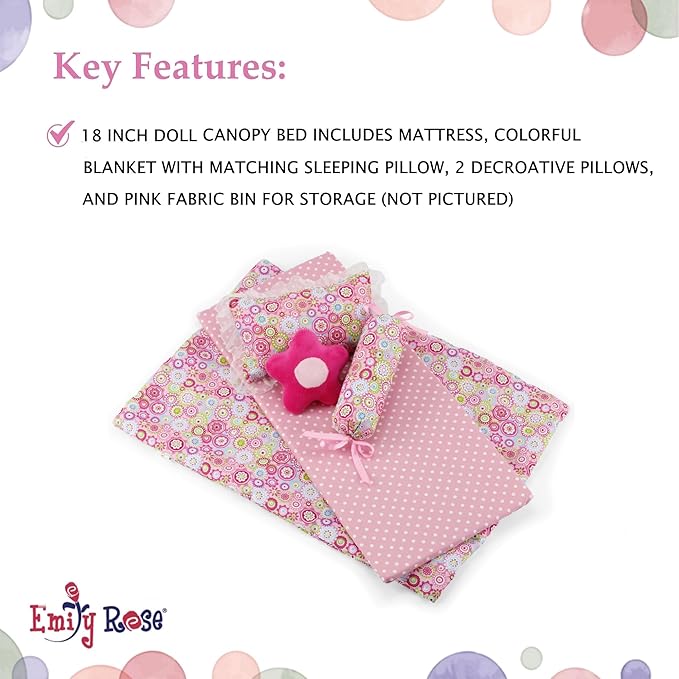 Emily Rose 18" Doll Princess Canopy Bed - White Wood with Pink Tulle Curtains, 5-PC Bedding Set & Storage Drawer - Fits American Girl Dolls - Royal Bedroom Furniture