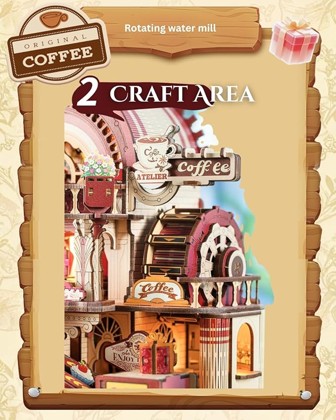 Dessert Atelier Self-Running Powered DIY Miniature House Kit – Movable Dessert & Coffee Lines Dollhouse Kit – Wood 3D Puzzles Tiny House Book Nook Christmas Halloween Birthday