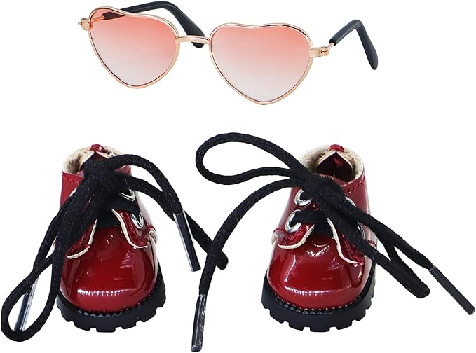 Suitable for 17cm Doll Clothing Accessories Set, Cute PU Leather Lace-up Mini Oxford Shoes and Glasses Two-Piece Set (Red)