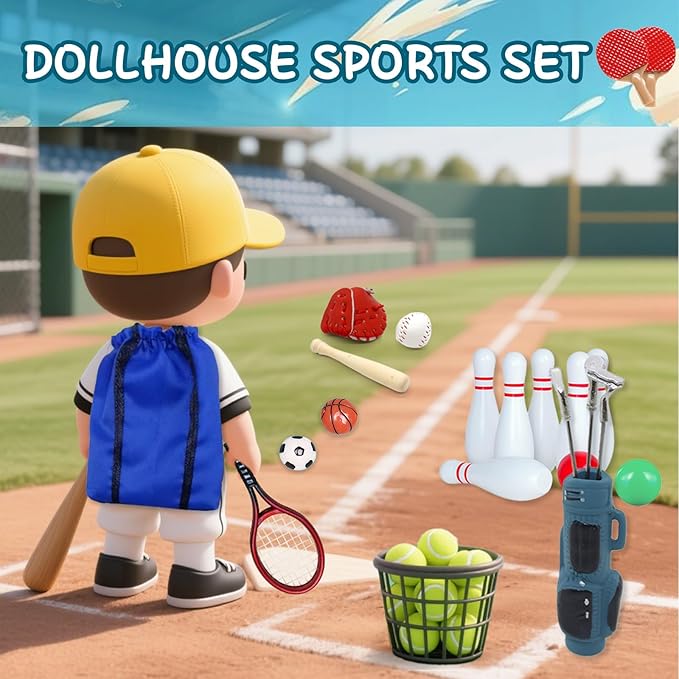 Pamonrueer 38 Pcs Miniature Sports Set Mini Golf Baseball Tennis Bowling Tiny Golf Ball Clubs Ball Bats RacketPong Table Tennis Mini House Decoration Accessories