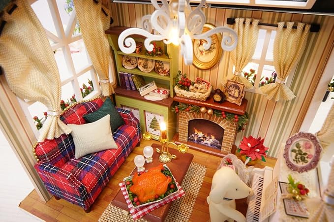 Christmas DIY Miniature Dollhouse Kits - Wooden Mini Model House with LED Lights, Tiny Furniture & Accessories – Craft Building Kits for Adults – Birthday Valentine's Gift - Holiday Times