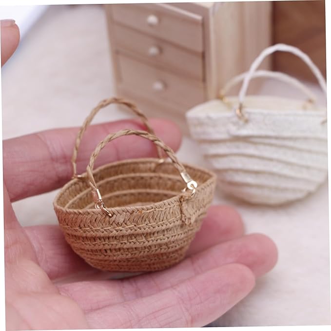 Xweptuy 2Pcs Miniature Handbag, Simulation Mini Straw Bag, Natrual Woven Dollhouse Miniature Tote Bag