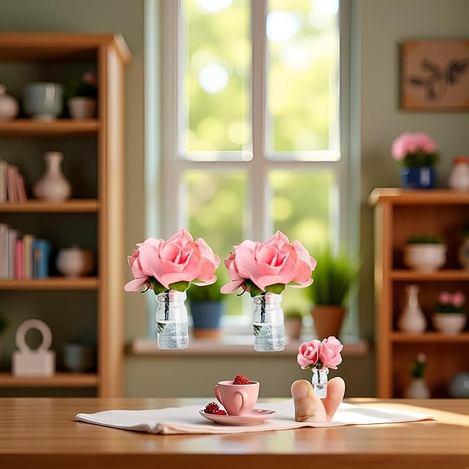 2Pcs Mini Dollhouse Miniature Vase Micro Landscape Colorful Flower Glass Bottle Miniature Decoration for 1:12 Scale Dollhouse Scene Props Décor Accessoriesecor (Pink)