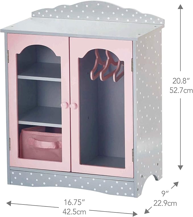 Olivia's Little World Polka Dot Princess Wooden Shaker-Style Double Closet for 18" Doll Wardrobes with Windowed Doors, Three Shelves, Hanging Space with Hangers, Gray/Pink