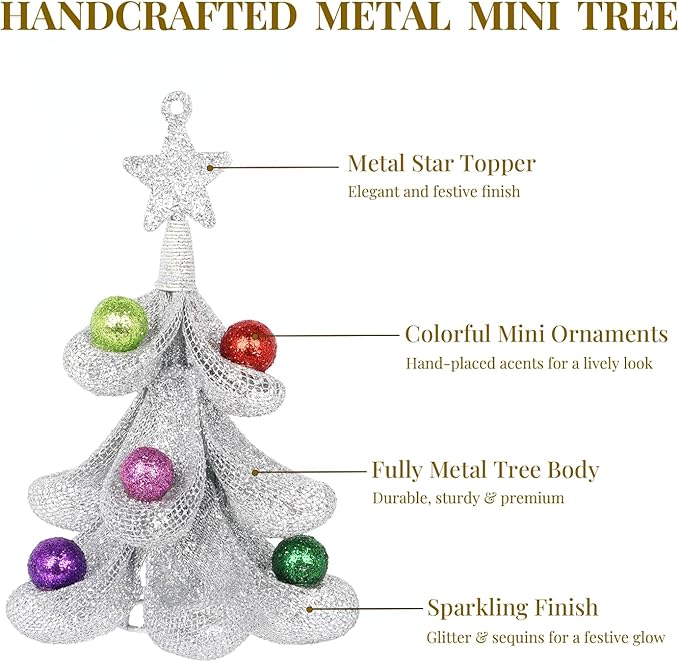 XMIAOX Mini Metal Christmas Tree, 5.9" Handcrafted Wire Mesh Tree Tabletop Hanging Ornament with Star Tree Topper & Colorful Glitter Balls, Sparkling Holiday Decoration for Desk, Shelf & Home Décor