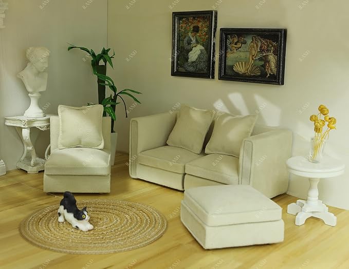 iLAND Dollhouse Furniture Miniature Sectional Couch Set Fit 1/12 Scale Accessories for Doll House Décor and 3 to 6 inches Doll Figure, Modern White Velvet Sofa Elegant & Classic
