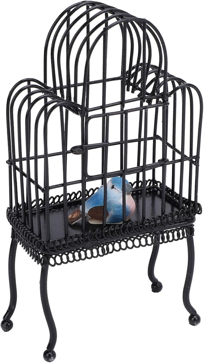 1:12 Scale Dollhouse Bird Cage Metal Miniature Bird Cage Realistic Opening Door Miniature Dollhouse Bird Cage with Fake Grass Bird Sticker (Black)