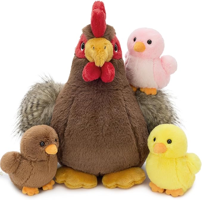 4 Pcs Chicken Plush Set, Mom Hen Stuffed Animal with 3 Stuffed Wind Up Chicks Toy in Mother Chicken's Belly, Christmas Birthday Gift for Kids Girls Boys, Animal Theme Party Decor