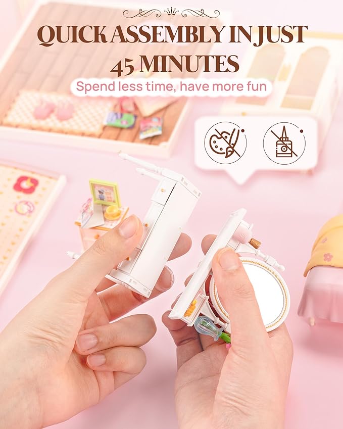 Rolife Super Creator Kits Pink Bedroom, Tiny House Building Blocks for Little Dolls, DIY Plastic Mini House Model Building Kits for Teens Aged 14+, DIY Crafts/Hobbies for Adults (Lovely Pink Bedroom)