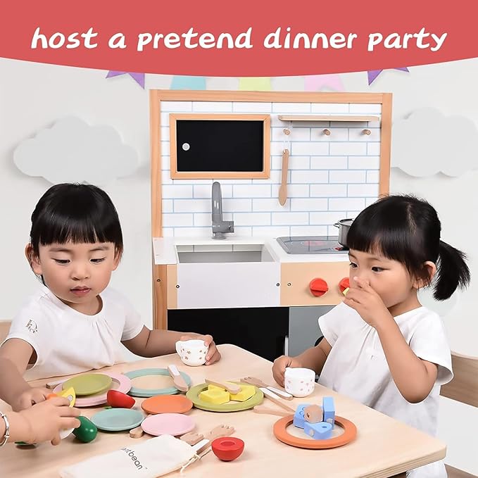 Giant bean 27PCS Wooden Toy Plates and Dishes for Kitchen Set, Wooden Play Kitchen Accessories for Girls and Boys, Montessori Toys, Christmas Birthday Gift for Kids