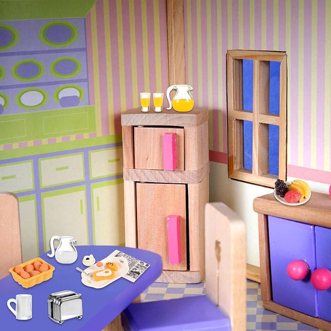 simarro Miniature Dollhouse Breakfast Accessories, 46 Pcs 1:12 Scale Mini Toast Machine Bread Milk Eggs Cups Fruits Plates Fork Spoons Drink for Dollhouse Kitchen Scene and Cake Topper Decor