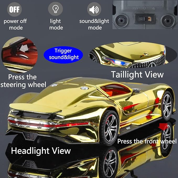 Toy Car Model 1/24 Gloden AMG Vision GT Alloy Collectible Vehicle Pull Back Die-Cast with Lights and Sound
