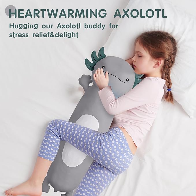 36 inch Cute Giant Grey Axolotl Plush Soft Long Body Pillow, Large Squishy Plushies Axolotl Stuffed Animals Toy, Gifts for Kids Boys Girls Birthday, Halloween, Christmas