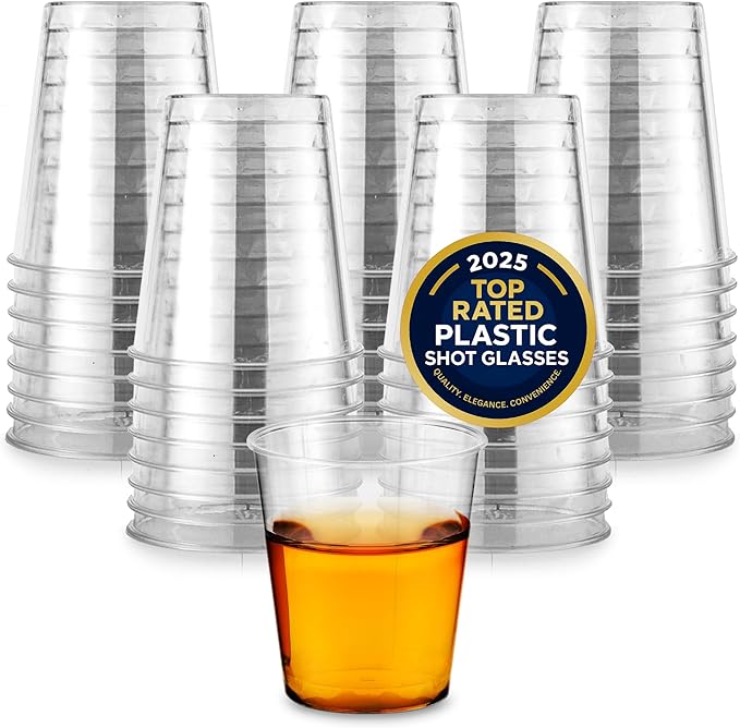1.5 oz Shot Glasses - 100 Mini Plastic Shot Glasses (1.5oz) Clear Disposable Cups for Jello Shots, Wine Tasting, Liquor, Whiskey, Pudding, Sample Cup for Halloween and Elegant Partiest