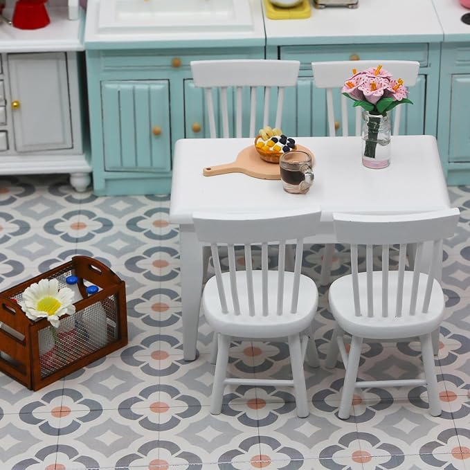 1/12 Dollhouse Table Chair Set, 17pcs Wooden Miniature Kitchen Furniture Set with Breakfast Accessories for Dining Room