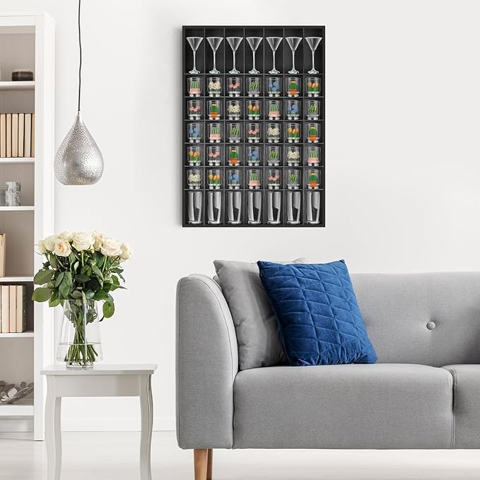 2 Pcs Large Wooden Shot Glass Display Case with Removable Shelves, Wall Mounted Shadow Box, 56 Slots