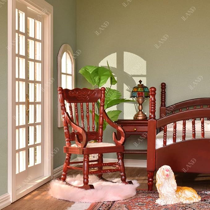 iLAND Vintage Dollhouse Furniture 1/12 Scale, Dollhouse Bedroom Furniture in Mahogany Color incl Dollhouse Bed & Mirror Full Length & Wardrobe & Bedside Table & Rocking Chair (Brewster 7pcs)
