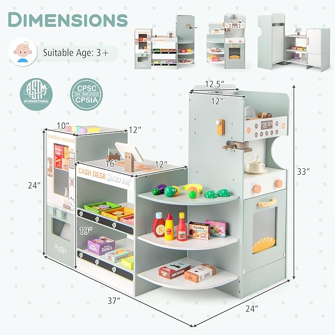 Costzon Kids Grocery Store Playset, Wooden Play Store w/Checkout Counter, Cash Register, Vending Machine, Coffee Maker & Play Food Accessories, Grocery Pretend Play Toy for Boys & Girls