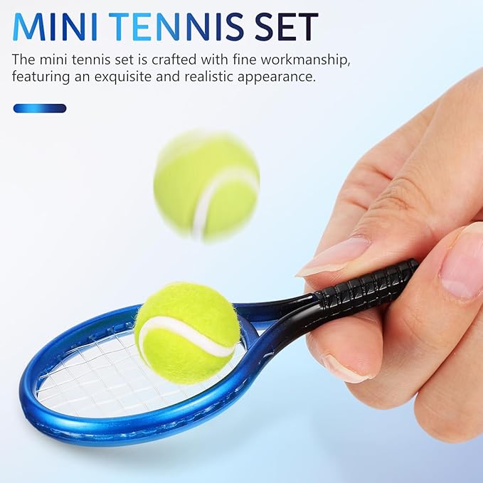 Toddmomy 1:12 Mini Tennis Racket and Ball Set, 8 Sets Miniature Tennis Kit Cake Topper Dollhouse Toy Dollhouse Decor DIY Sports Accessories