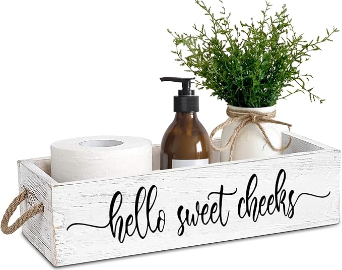 PZJIEAN Funny 2 Sides Hello Sweet Cheeks White Bathroom Decor Box with Handle, Farmhouse Bathroom Decor Box for Toilet Paper, Back of Toilet Organizer