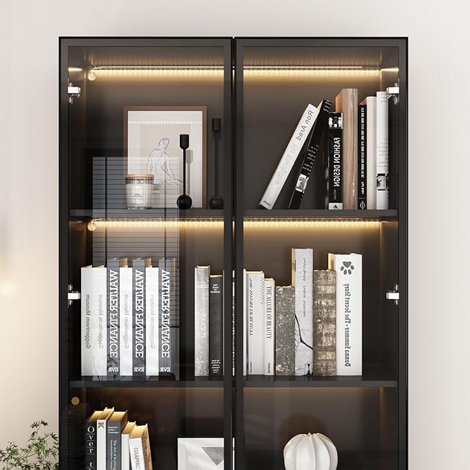 FAMAPY Display Cabinet with 4 Glass Doors and Lights, 5-Tier Storage Shelves, Pop-up Design, Trophy Case Display Cabinet for Collectibles, Black (31.5”W x 14.2”D x 78.7”H)