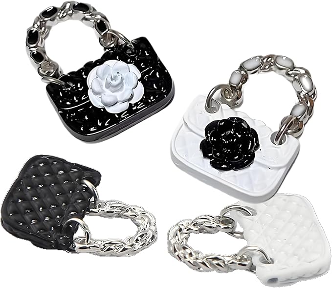 2 Pcs Miniature Fashion Girl Handbags with Rose Pattern – 1:12 Scale White & Black Metal Satchels, Tiny Dollhouse Accessories for Micro Scene Decoration, DIY Display, Collectible & Creative Home Décor