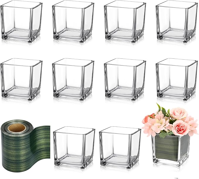 Kritkin 24 Pcs Square Glass Vases 4 x 4 Inch and 4 Rolls 3 Inch x 30 Yards Leaf Floral Ribbon Clear Glass Cube Vase Square Flower Vases for Centerpieces Candle Holders for Home Table Wedding Events