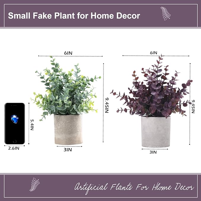 Coferset 2 Pack Small Fake Plants Eucalyptus Potted Artificial Plants Fall Decorations for Home Shelf Office Bathroom Desk Farmhouse Room Coffee Table Decor Halloween Decor (Plum)