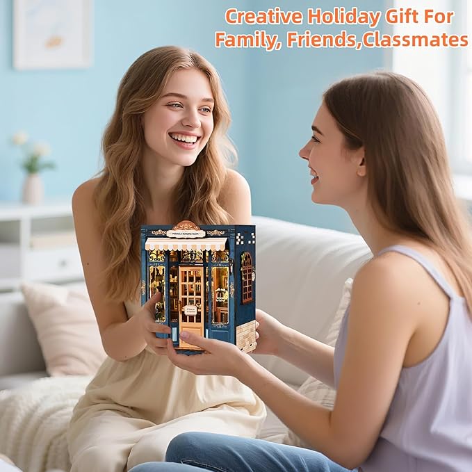 Book Nooks Kit for Adults, 3D Wooden Puzzle Miniature Dollhouse, DIY Bookend Holiday Craft Kits for Family&Friends, Unique Booknook Tiny Home Gifts for Men Women Teens, Bookshelf Decor Model