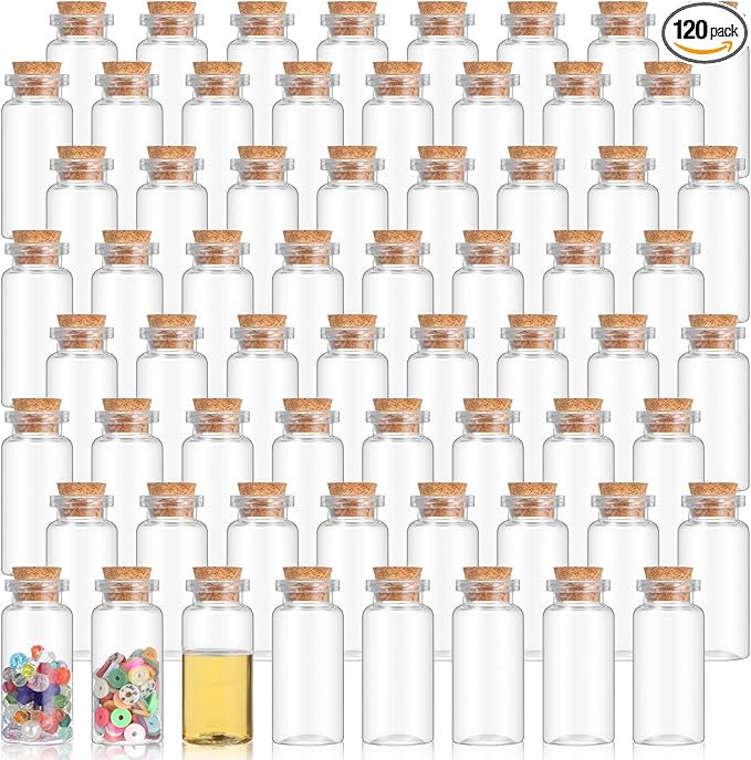 120 Pack 10ml Mini Plastic Bottles with Cork Stoppers, Small Empty Clear Plastic Jars for DIY Crafts, Wedding Favors, Spice & Sample Containers, Party Decor