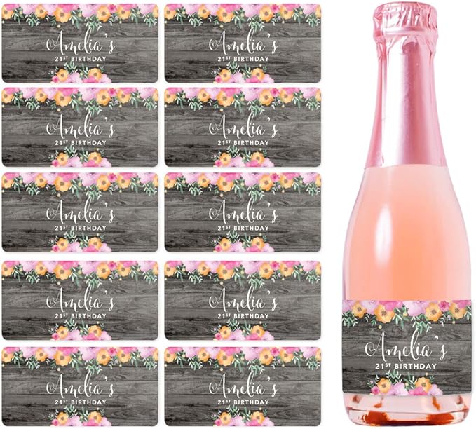 Andaz Press Personalized Mini Champagne Wine Bottle Labels, Amelia's 21st Birthday, Rustic Gray Wood Floral Flowers, 20-Pack, Custom Mini Champagne Favor Gift Stickers Birthday