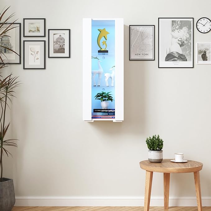 Pvillez 39" LED Display Cabinet with 3 Glass Shelves & 1 Door, Modern Wall-Mounted Curio Cabinet Display Case Storage Cabinet, High Gloss Floor Standing Bookshelf for Living Room Bedroom (White)