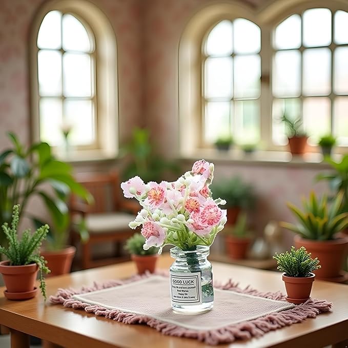 Miniature Flowers in Vase Set - 1:6 Scale Dollhouse Décor with Realistic Details, Tiny Floral Arrangements for Micro Landscape, Train Platform and Fairy Garden Accessories (Pink)