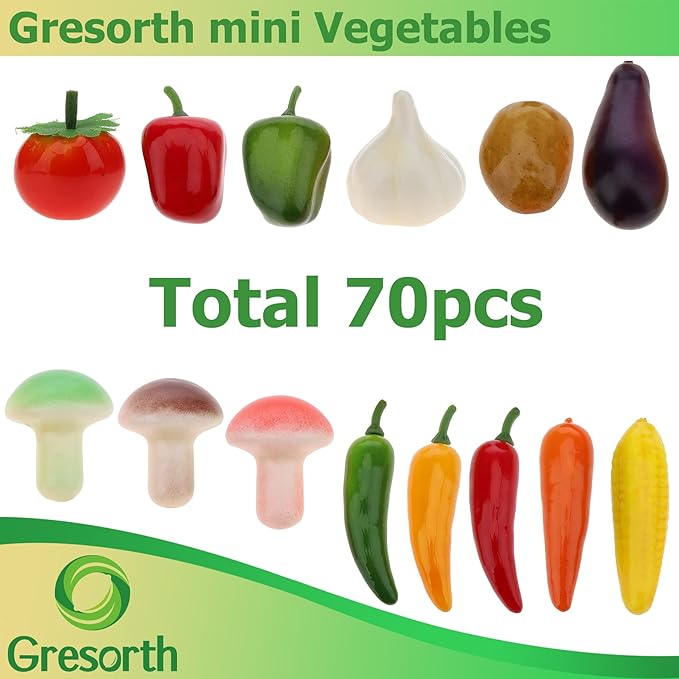 Gresorth 70 PCS Fake MINI Vegetables Artificial Garlic, Corn, Pepper, Pumpkin, Carrot, Potato, Eggplant ……