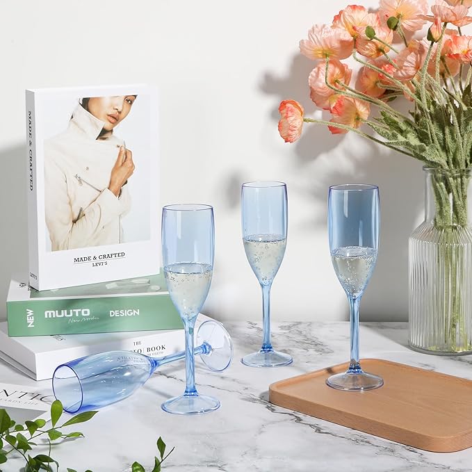 XUWAIDSGN 24 Pcs Reusable Champagne Flutes Plastic Wine Glasses Bulk Vintage Champagne Flutes Mimosa Bar Glasses Stemmed Drinking Cups 5.4OZ for Christmas Birthday Wedding Bride
