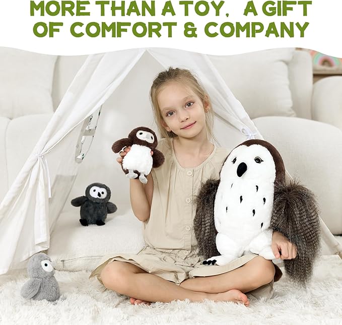 4Pcs Owl Plush Set, Giant Mother Owl Stuffed Animal with 3 Baby Owls Inside, 18" Cute Stuffed Owl for Girls Boys Kids, Soft Owl Plushie Gift for Christmas Birthday Baby Shower, Brown