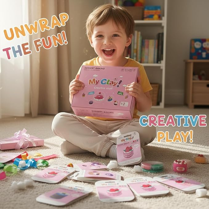 Air Dry Clay Kit for Kids, 12 Dessert Baking Modeling Clay for Kids, DIY Model Magic Clay with Tools and Tutorials, Soft&Non-Sticky, Safe&Non-Toxic Magic Clays,Creatible Art Crafts Toys Gifts