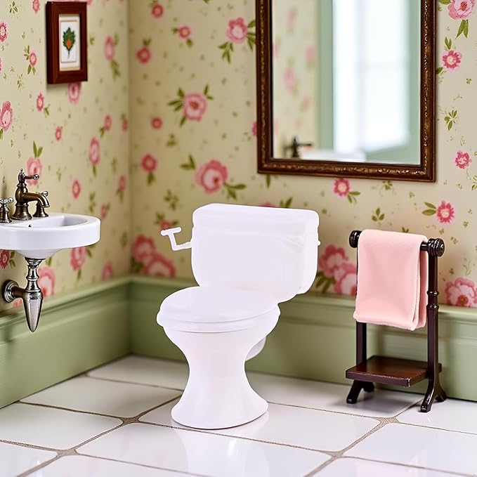 White Dollhouse Miniature Bathroom Toilet, Vintage Style Furniture Accessory, Miniature Classic Bathroom Toilet Tiny Cake Topper Bathroom Furniture Dollhouse Accessories