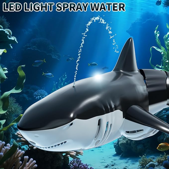 2.4GHz Remote Control Shark Toys for Boys,1:18 Scale High Simulation Shark Toys with Light & Spray, RC Sharks for Pools & Lakes, Toy Shark Boat Gift for 4 5 6 7 8 9 Year Old Kids Boys Girls