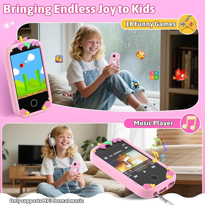 BEBESIRI Kids Camera Mini Smartphone Toy for Girls, 2.8" Touch Screen, 22 Learning Games, Dual Camera, Music Player, 32GB Card | Educational Gift for Christmas & Birthday (Cherry Pink)