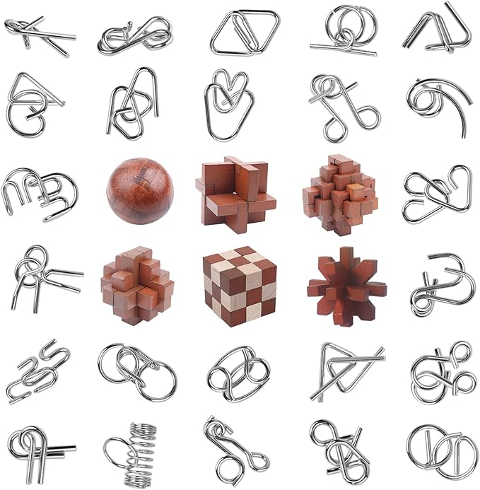 30pcs Brain Teaser Puzzles Game for Adults and Kids Ancient Wooden and Metal Puzzles 3D Educational Toys IQ Logic Train Family Games Party Favor Coffee Time Unlock Interlock Puzzles Box
